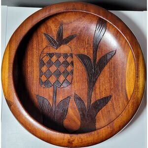 Haitian Folk Art Hand Carved Wooden Bowl Tray Plate Floral Pineapple Vintage